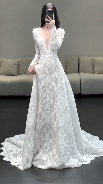 Niulatu V-neck Mermaid Wedding Dresses with Train Lace Applique White Bridal Gowns Long Sleeve Bridal Dresses HZ1026